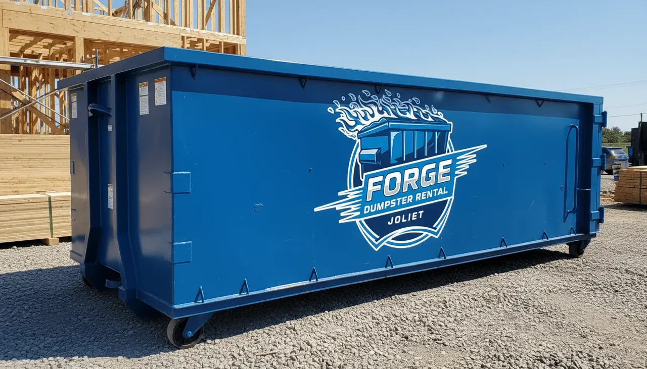 Construction debris dumpster rental Construction dumpster on a jobsite near Joliet, IL