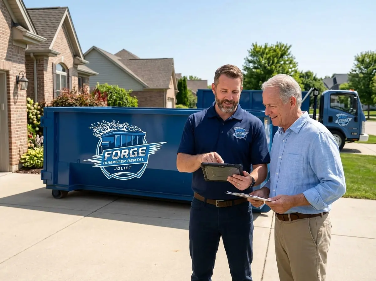 Local dumpster rental in Joliet Forge Dumpster Rental roll-off truck and container in Joliet, IL