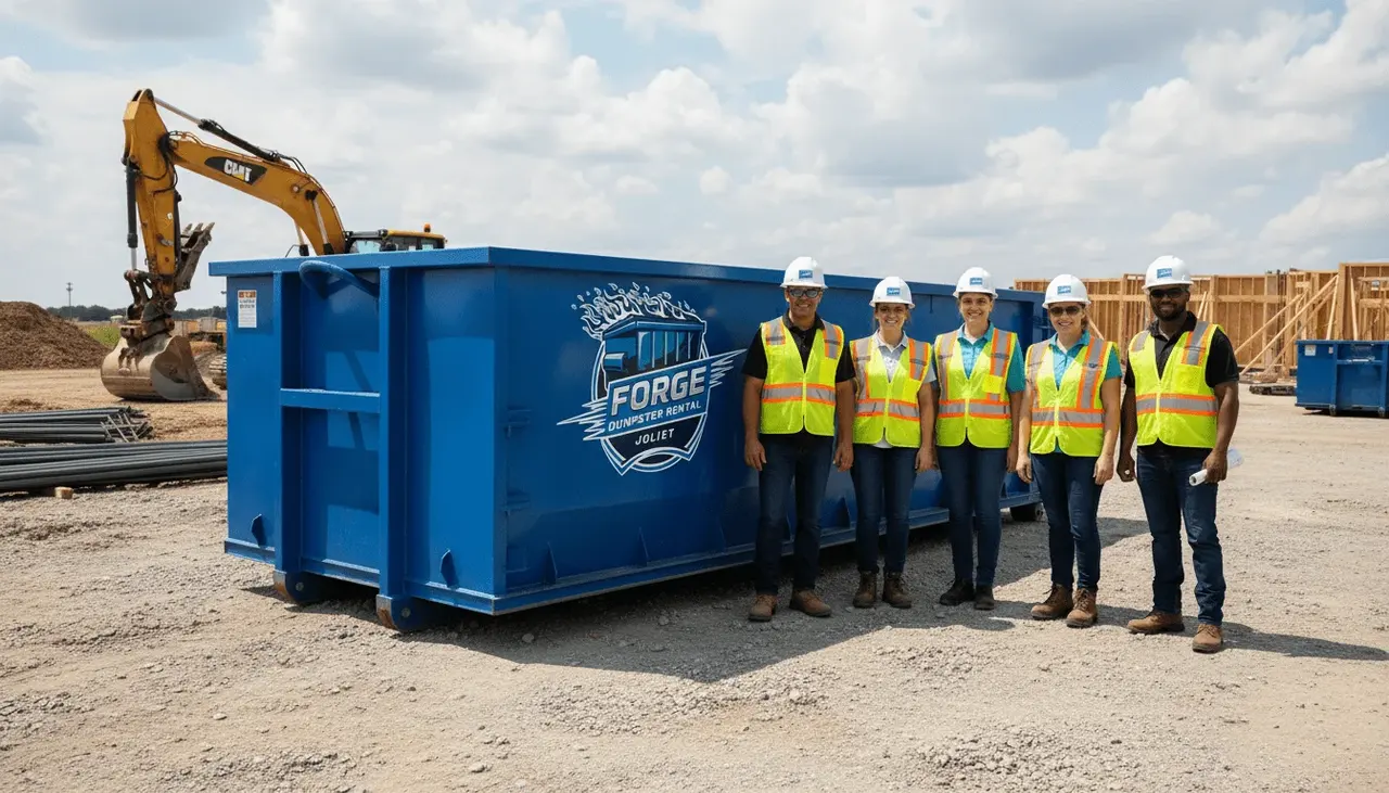 Our dumpster rental process in Joliet Roll-off container being set on a Joliet, IL property